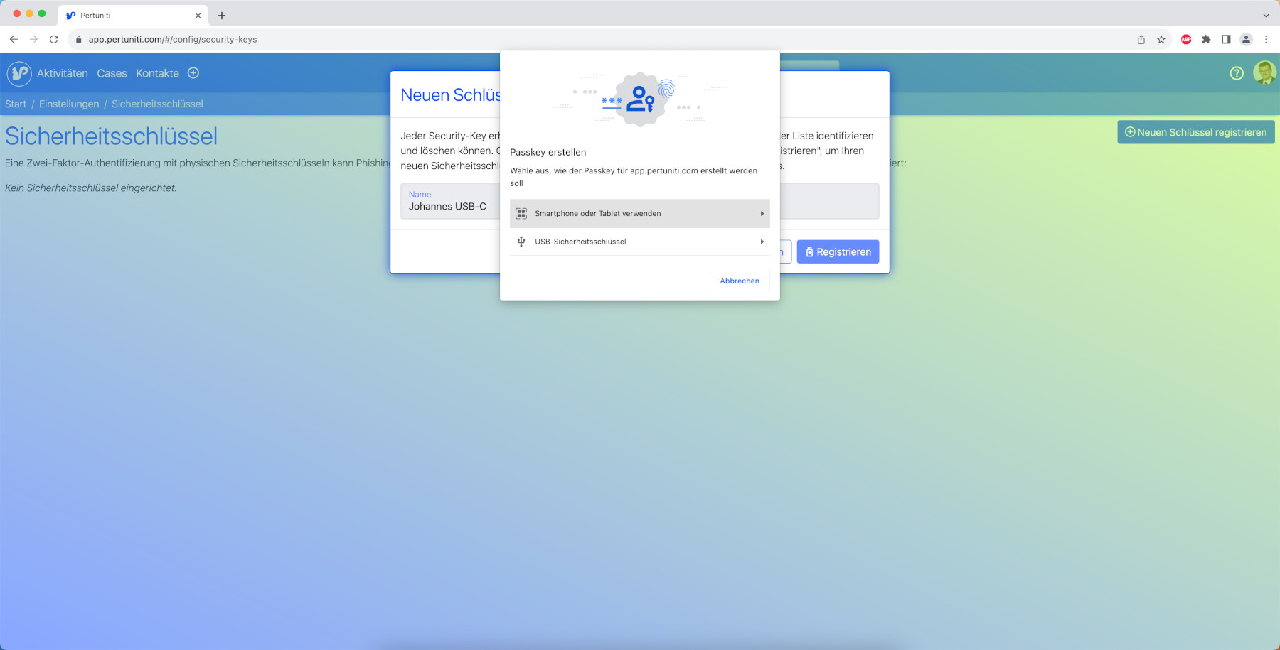 Zunächst wählen Sie die Einrichtung eines USB-Sicherheitsschlüssels aus.