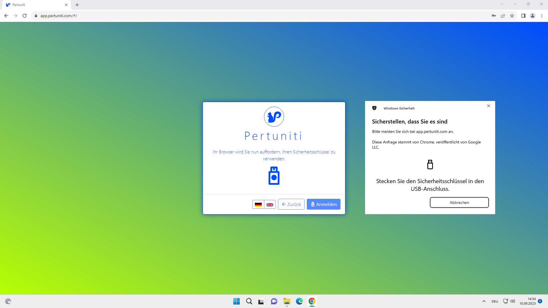 Ihr Browser wird Sie nun beim Login nach dem Sicherheitsschlüssel (USB) oder Scannen eines QR-Codes (Passkey) fragen.