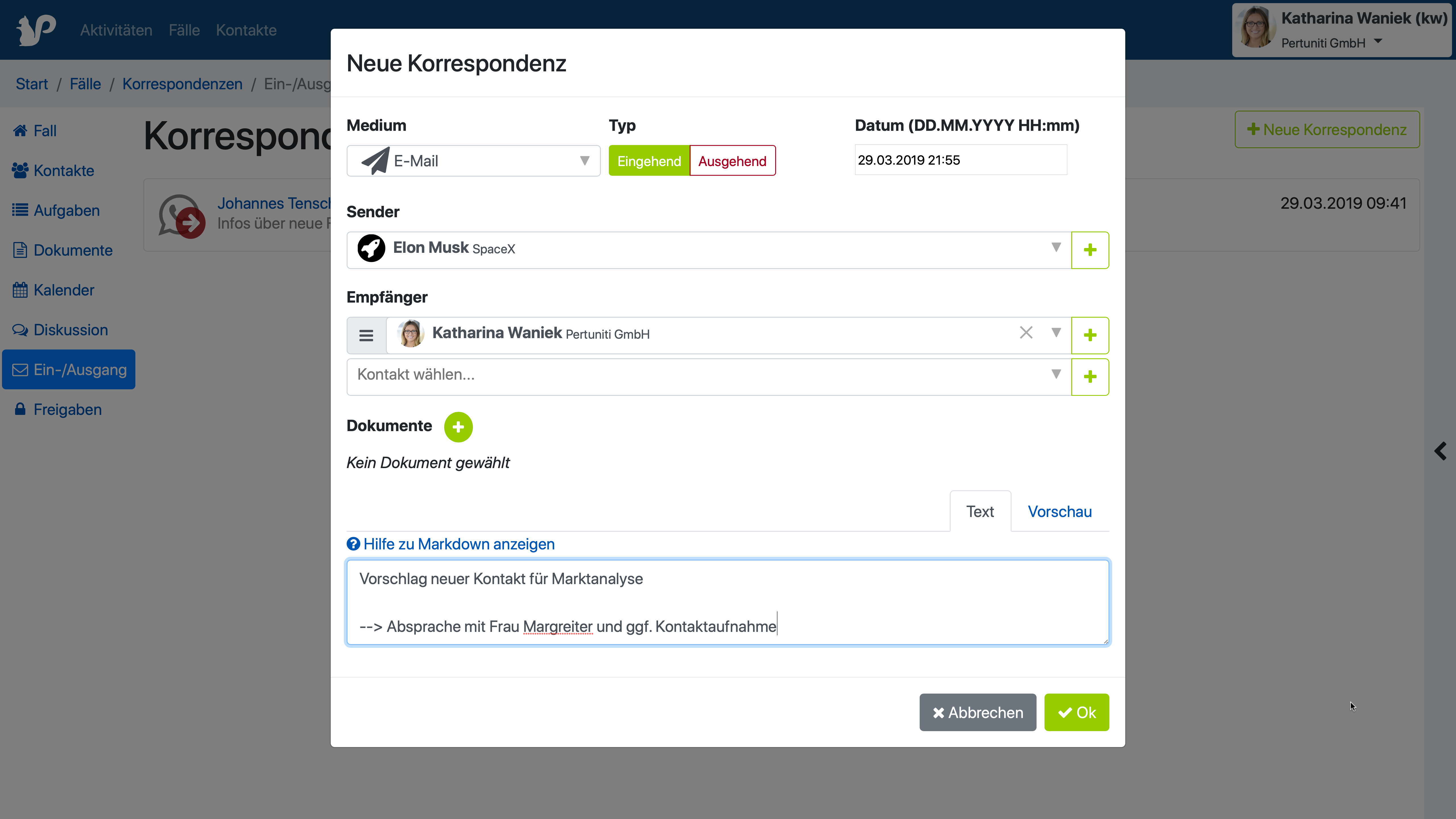 Neue Korrespondenzen können mit Markdown formatiert werden