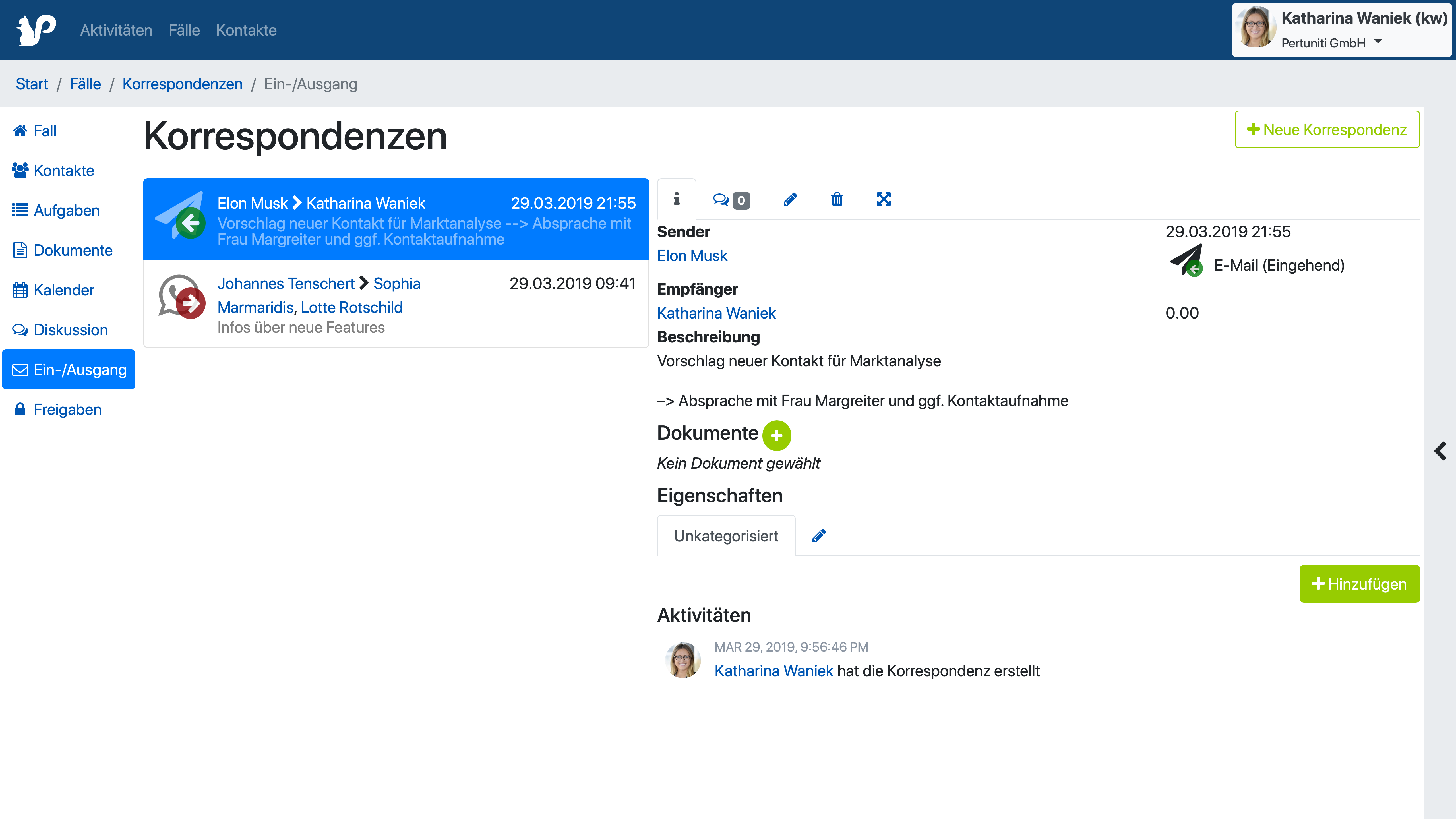 Neu erstellte Korrespondenz in der Übersicht