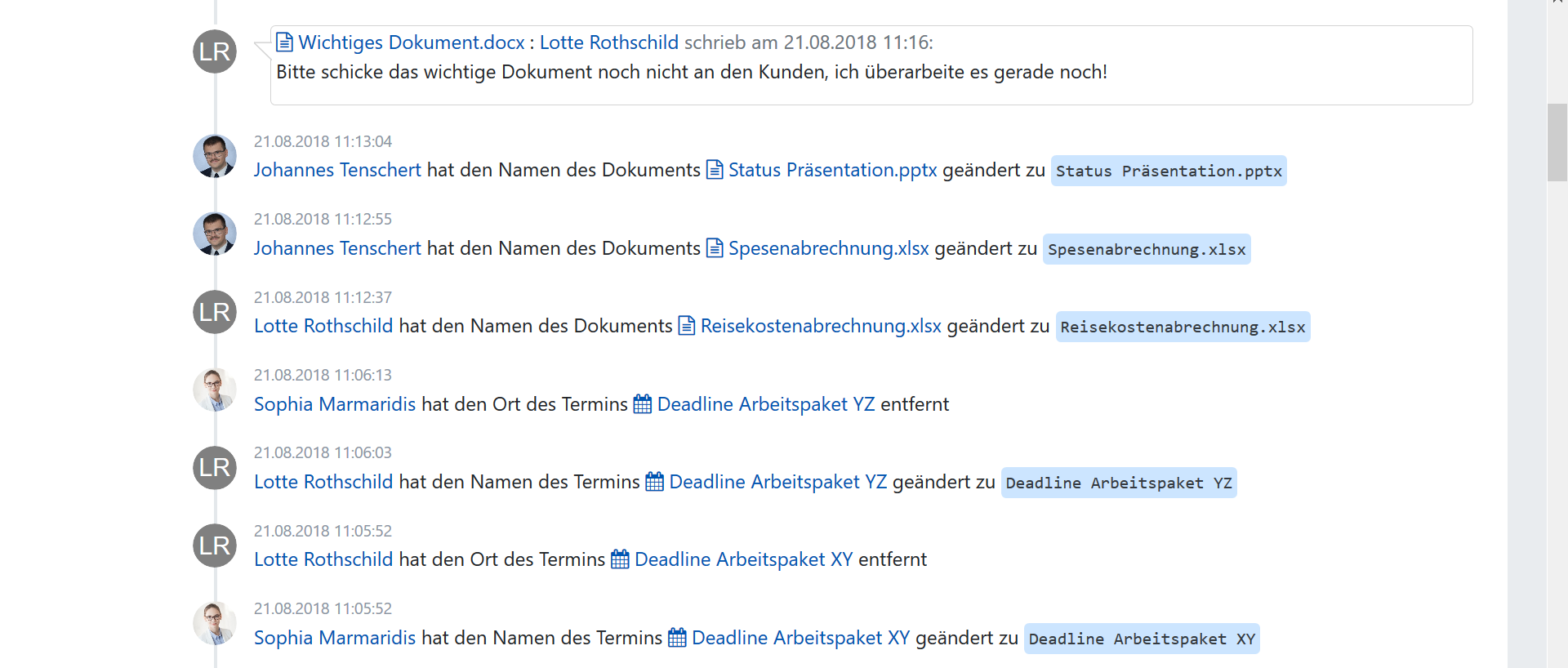 Sie waren ein paar Tage mit einem anderen Projekt beschäftigt oder im Urlaub? Verfolgen Sie über den Aktivitätenstrom, was Ihr Team während Ihrer Abwesenheit erledigt hat.